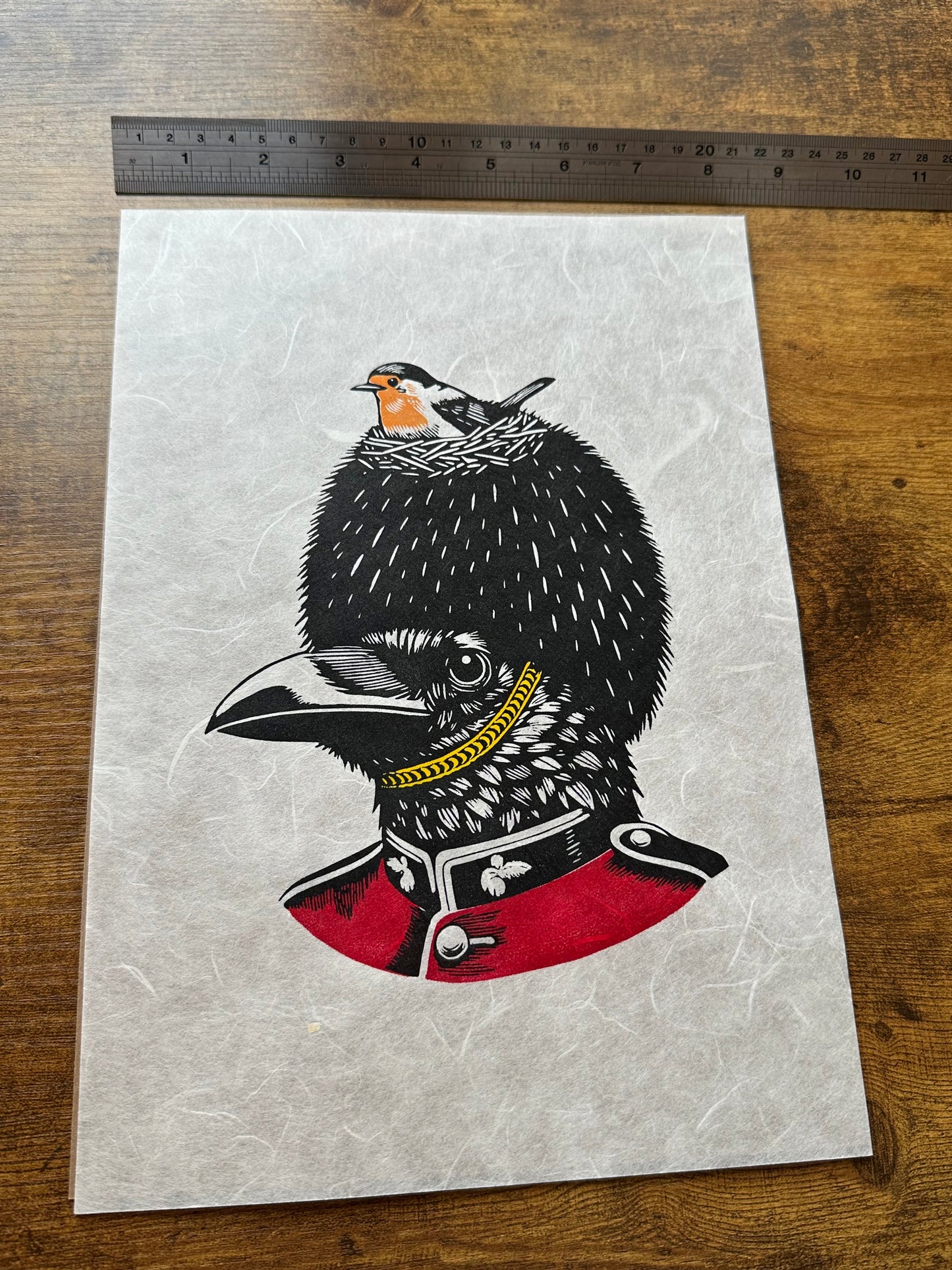 On Duty - Original Handmade Linocut Print of a Robin and a Raven