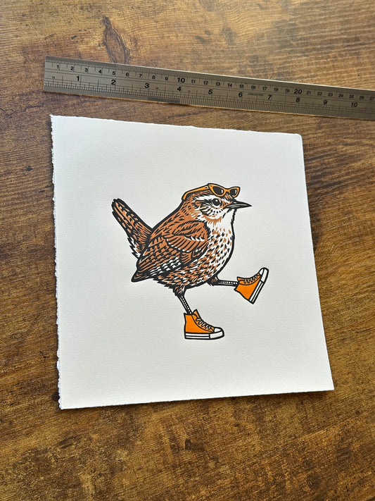 So Fly - Original Handmade Linocut Print of a Wren