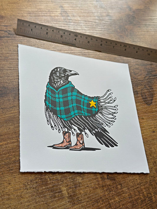 Boots & Badge - Original Handmade Linocut Print of a Crow in a Poncho