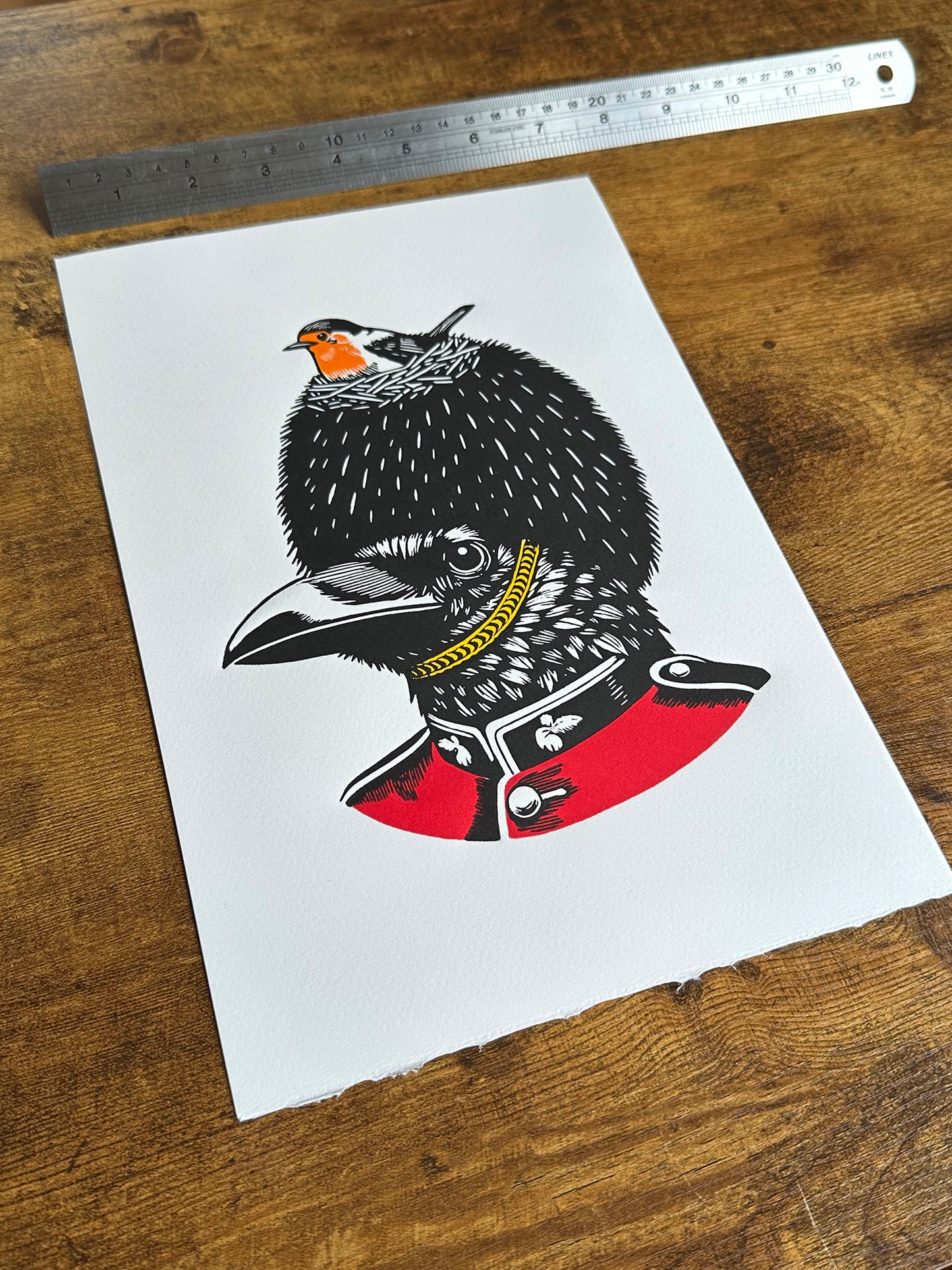 On Duty - Original Handmade Linocut Print of a Robin and a Raven