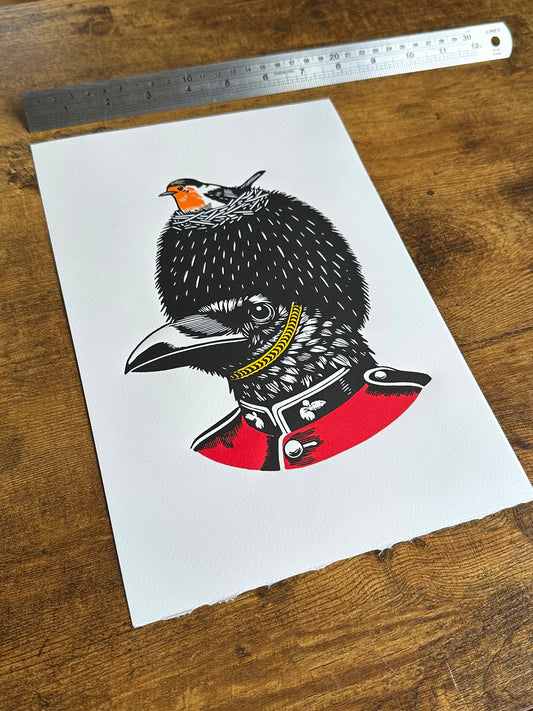 On Duty - Original Handmade Linocut Print of a Robin and a Raven
