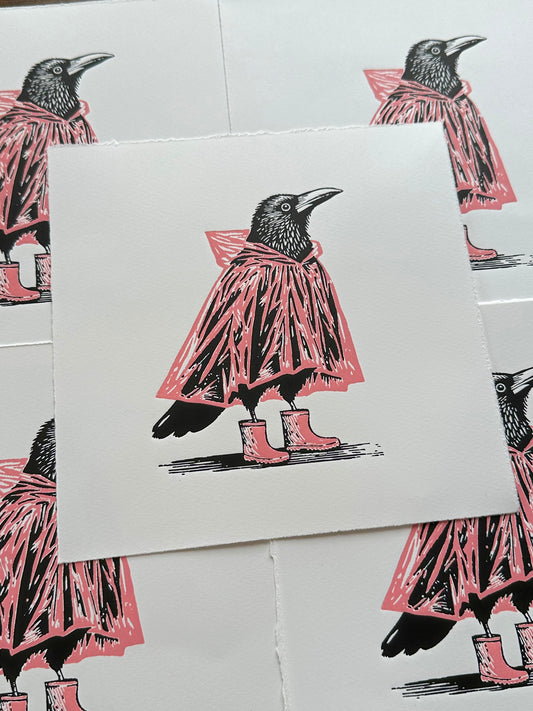Mac & Wellies - Original Handmade Linocut Print of a Crow in a PINK Raincoat and Wellington Boots.
