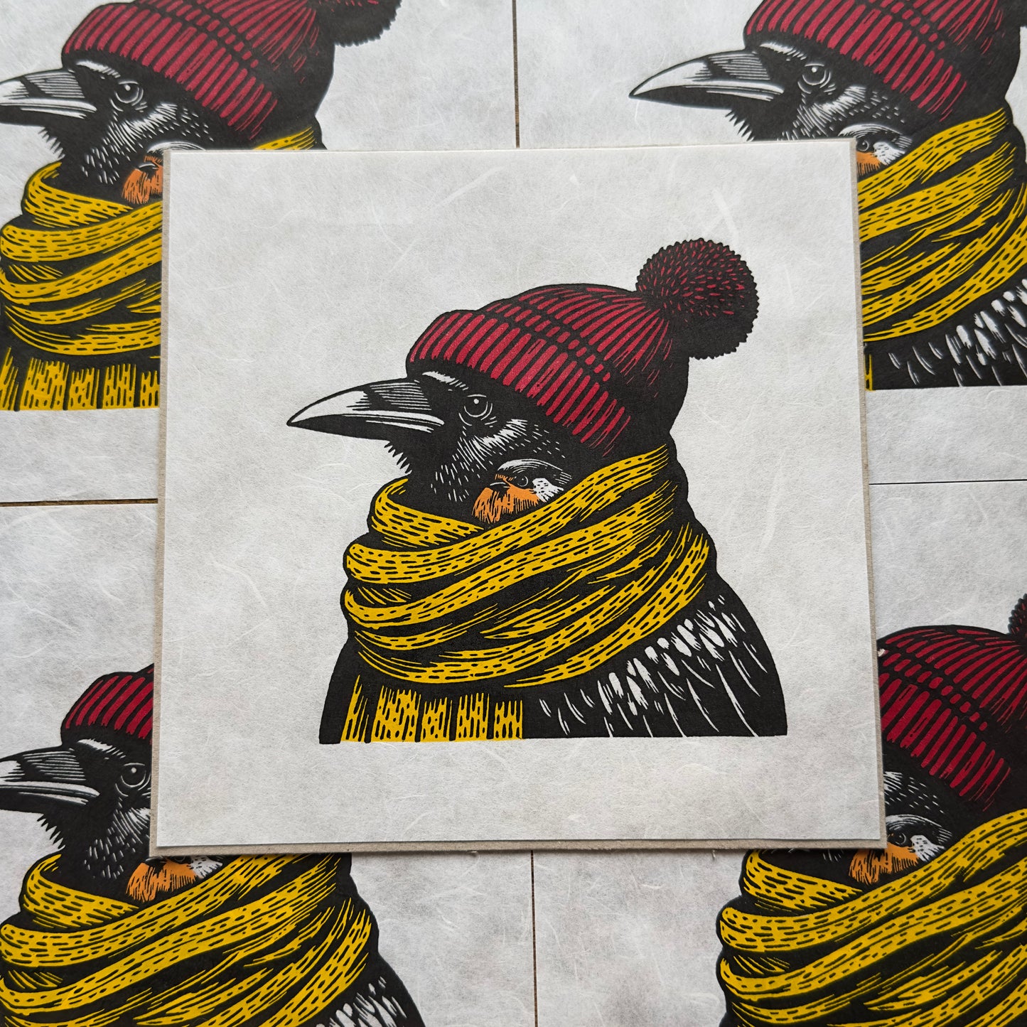 Robin & Raven - Original Handmade Linocut Print of Two Birds