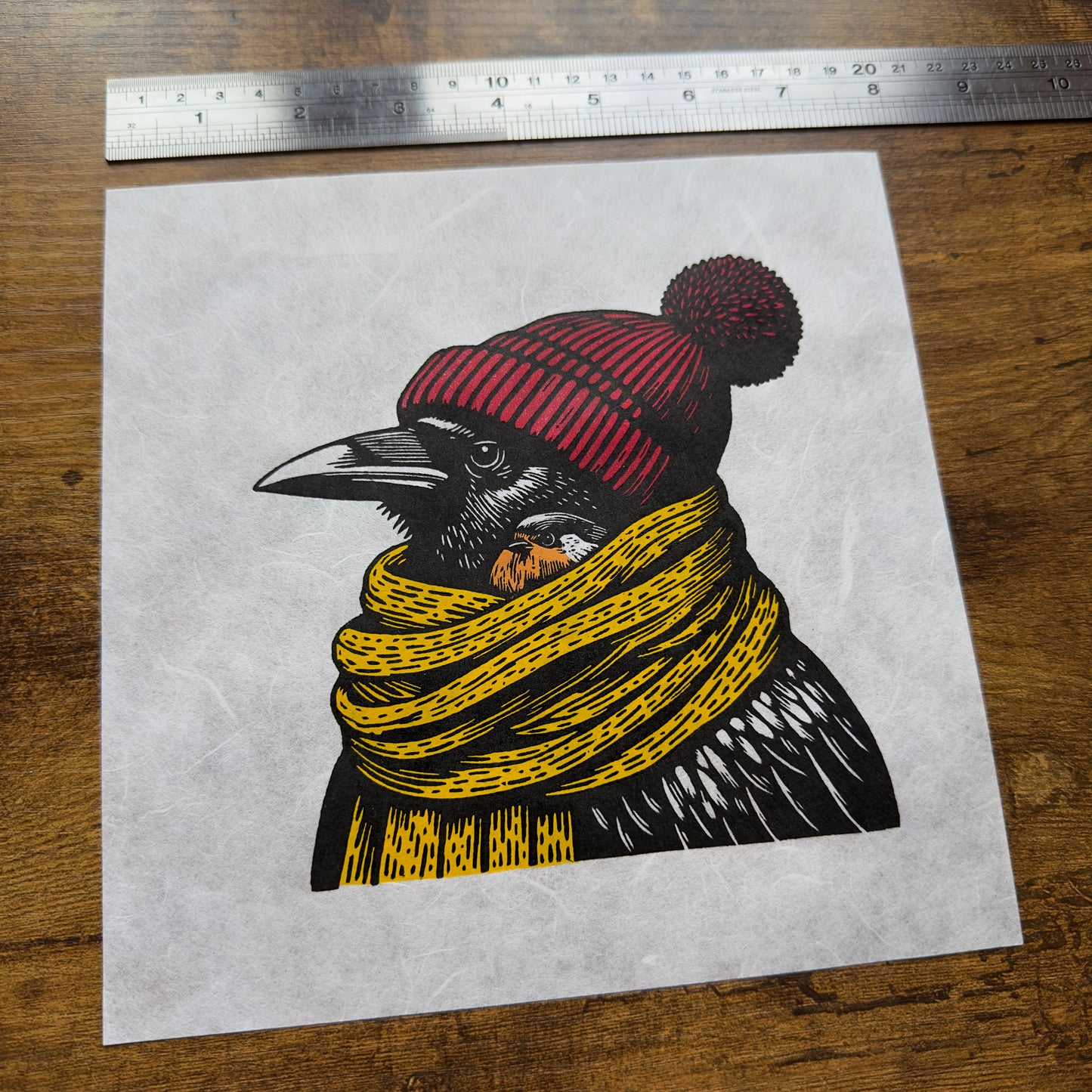 Robin & Raven - Original Handmade Linocut Print of Two Birds