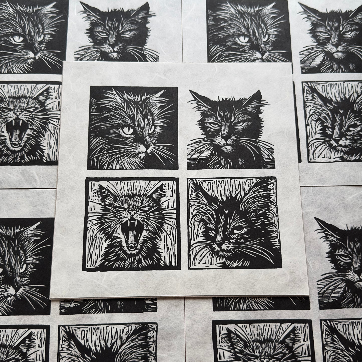 The Feline Four - Original Handmade Linocut Print of The Quartet of Cats