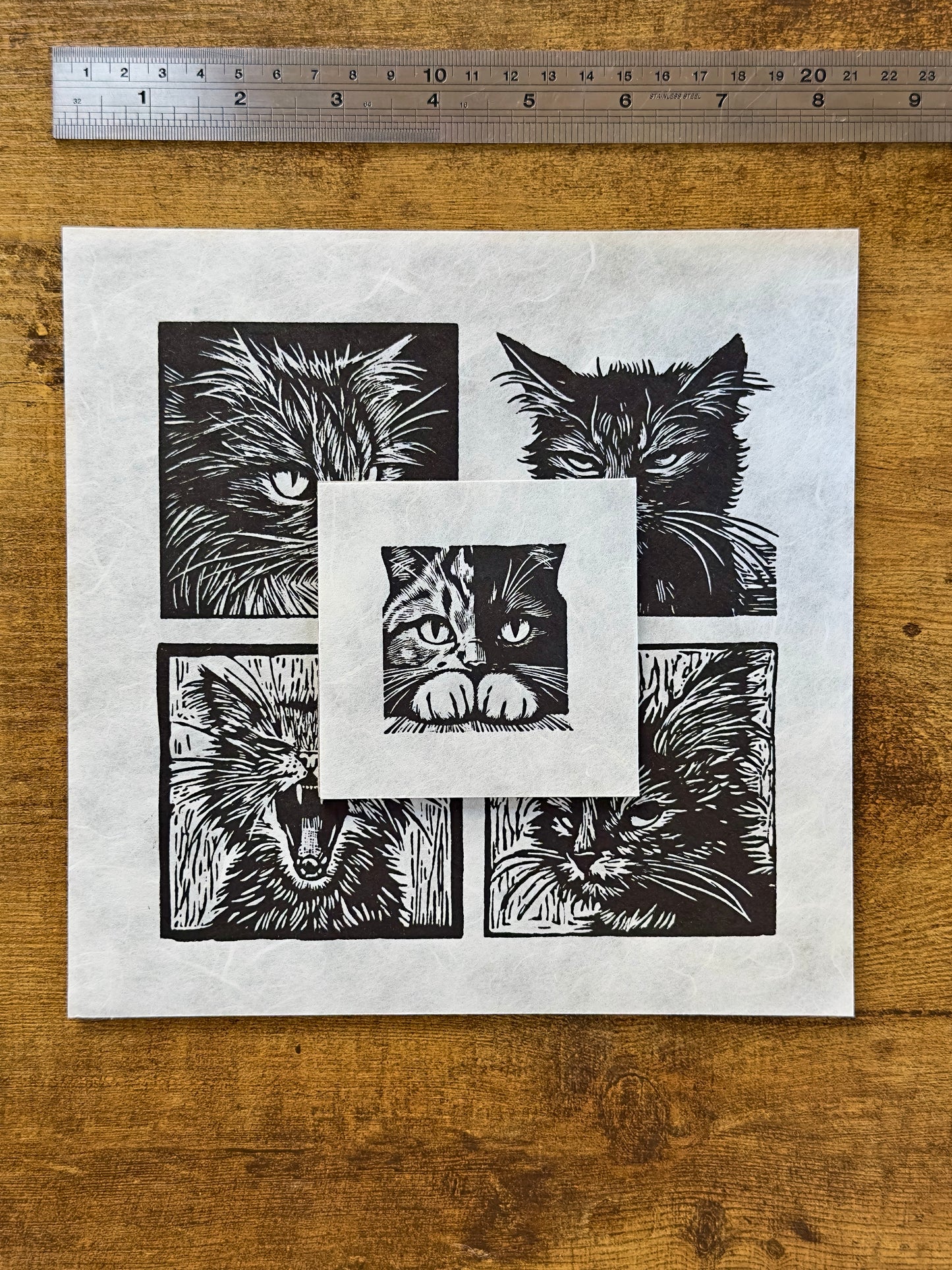 The Feline Four - Original Handmade Linocut Print of The Quartet of Cats