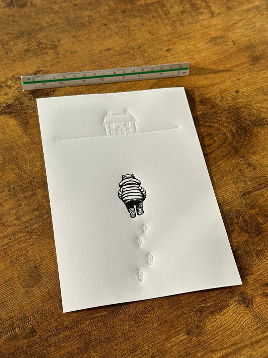 Traipsing Through the Snow - Original Handmade Linocut Print of a Cat