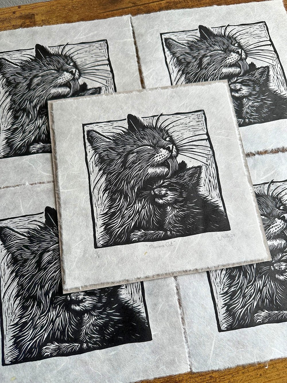 Mamma Cat - Original Handmade Linocut Print