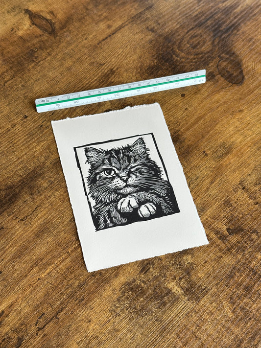 Linocut print of a cat winking on a piece of paper with a ruler for scale on a wooden surface