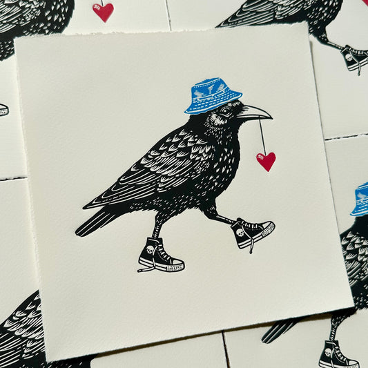 An Unflappable Heart - Original Handmade Linocut Print of a Crow
