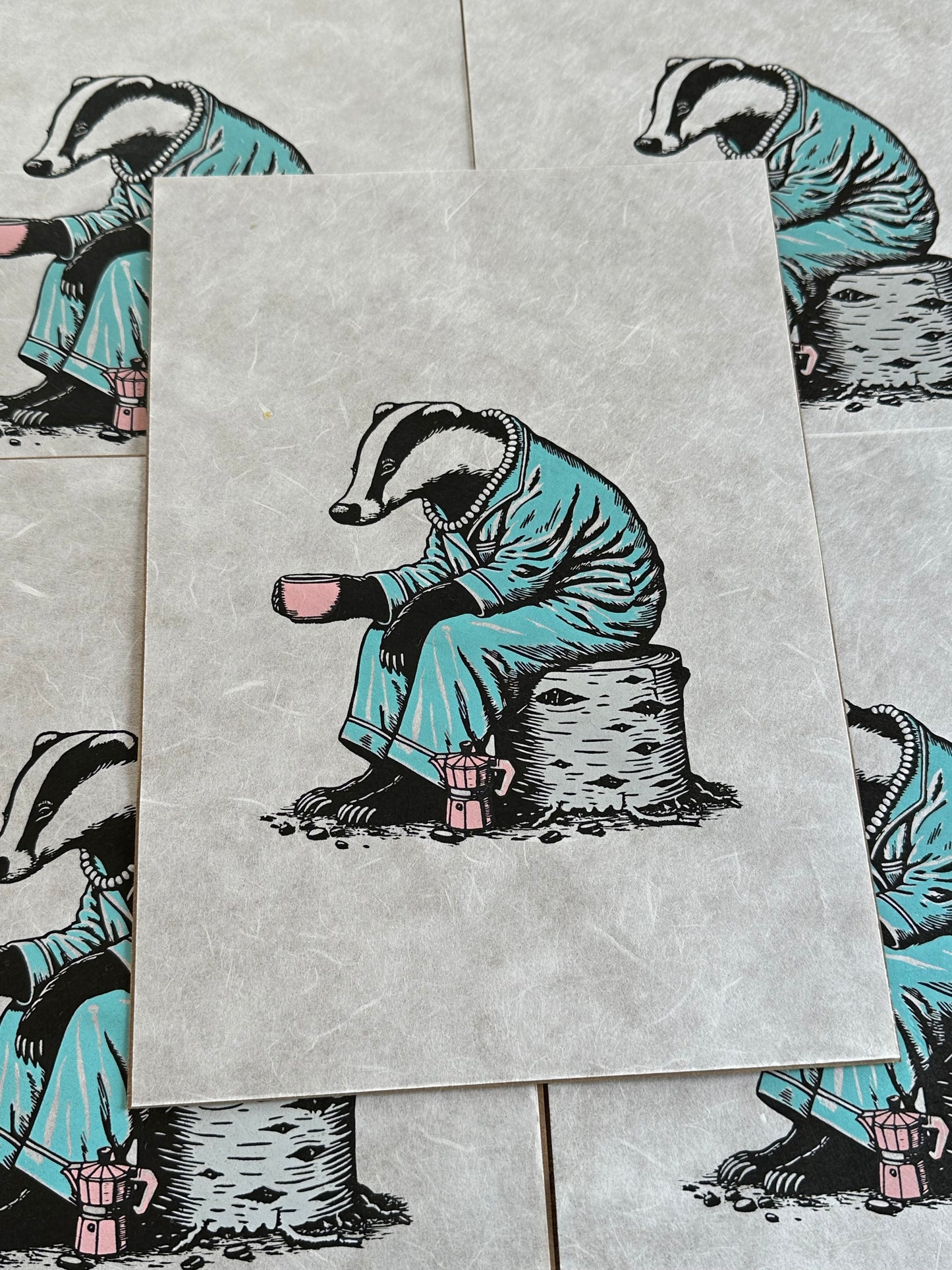PJs & Pearls - Original Handmade Linocut Print of a Badger