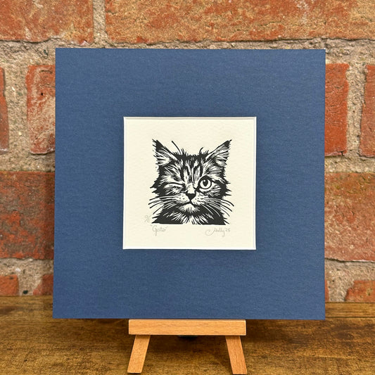 Gato (Mini Mounted Print) - Original Handmade Linocut Print of a Cat