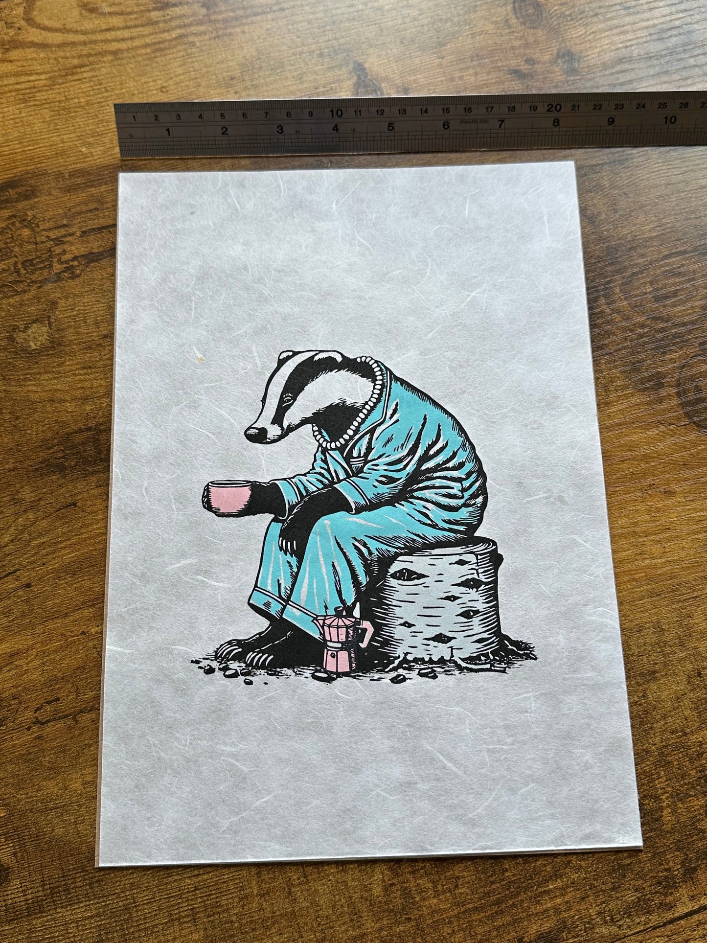 PJs & Pearls - Original Handmade Linocut Print of a Badger