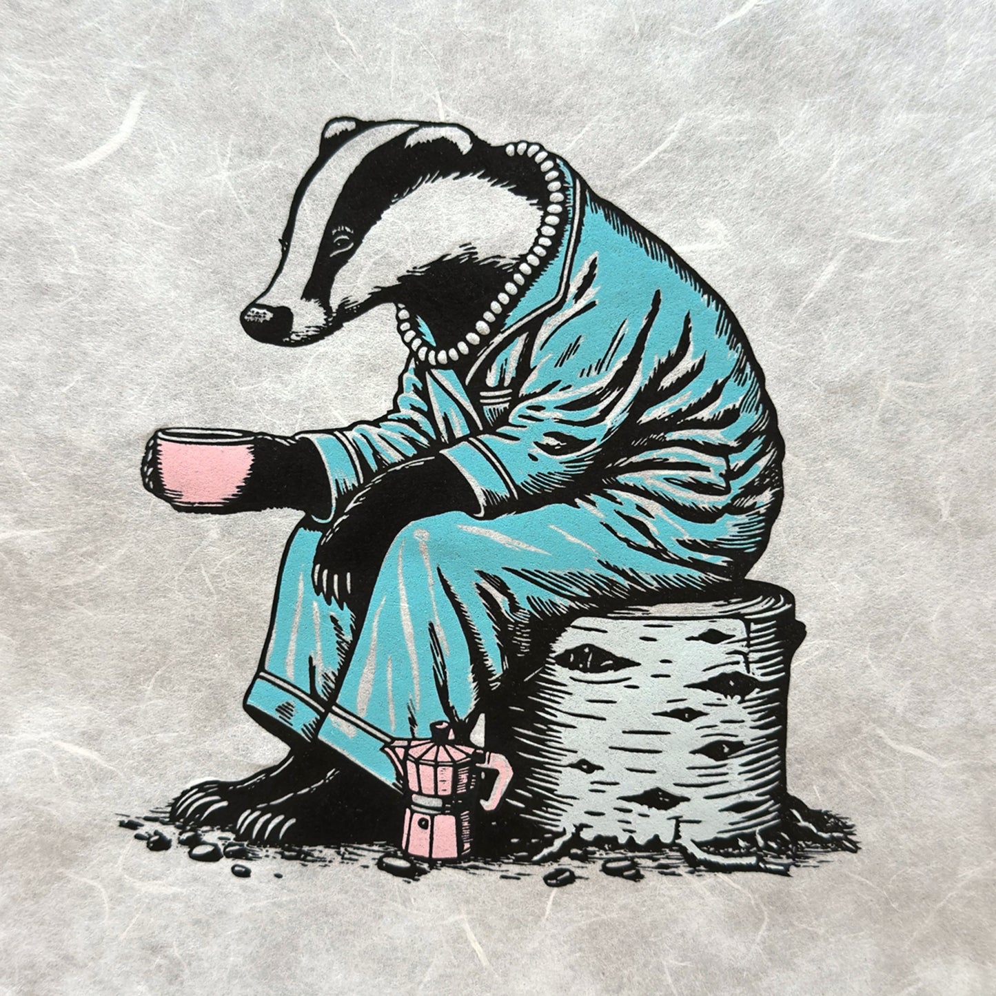 PJs & Pearls - Original Handmade Linocut Print of a Badger