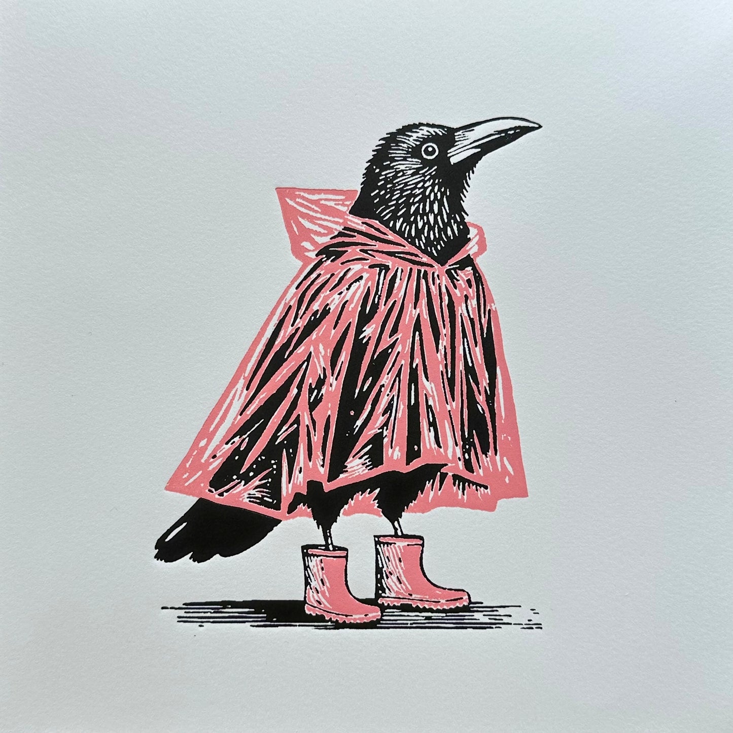 Mac & Wellies - Original Handmade Linocut Print of a Crow in a PINK Raincoat and Wellington Boots.
