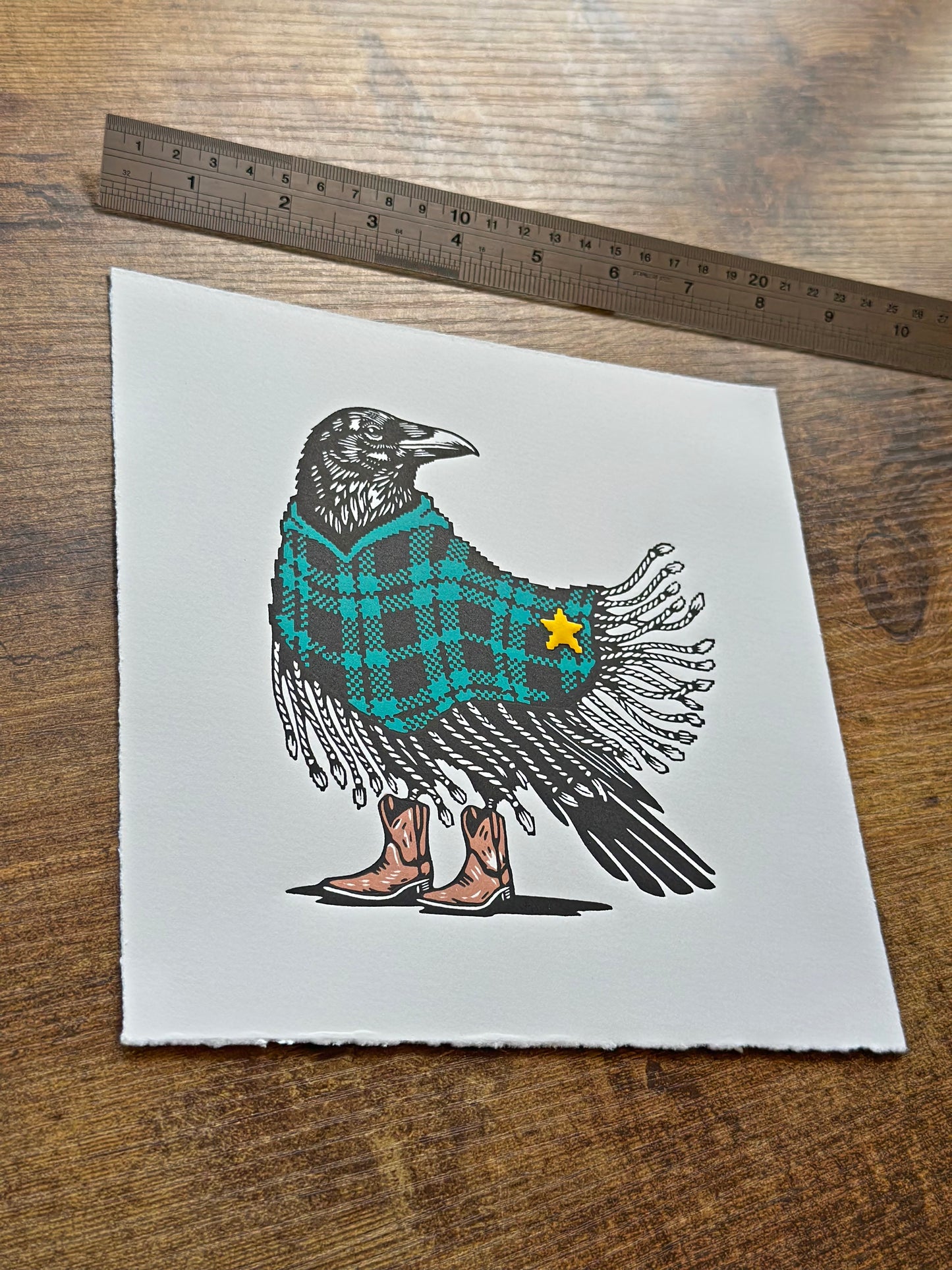Boots & Badge - Original Handmade Linocut Print of a Crow in a Poncho