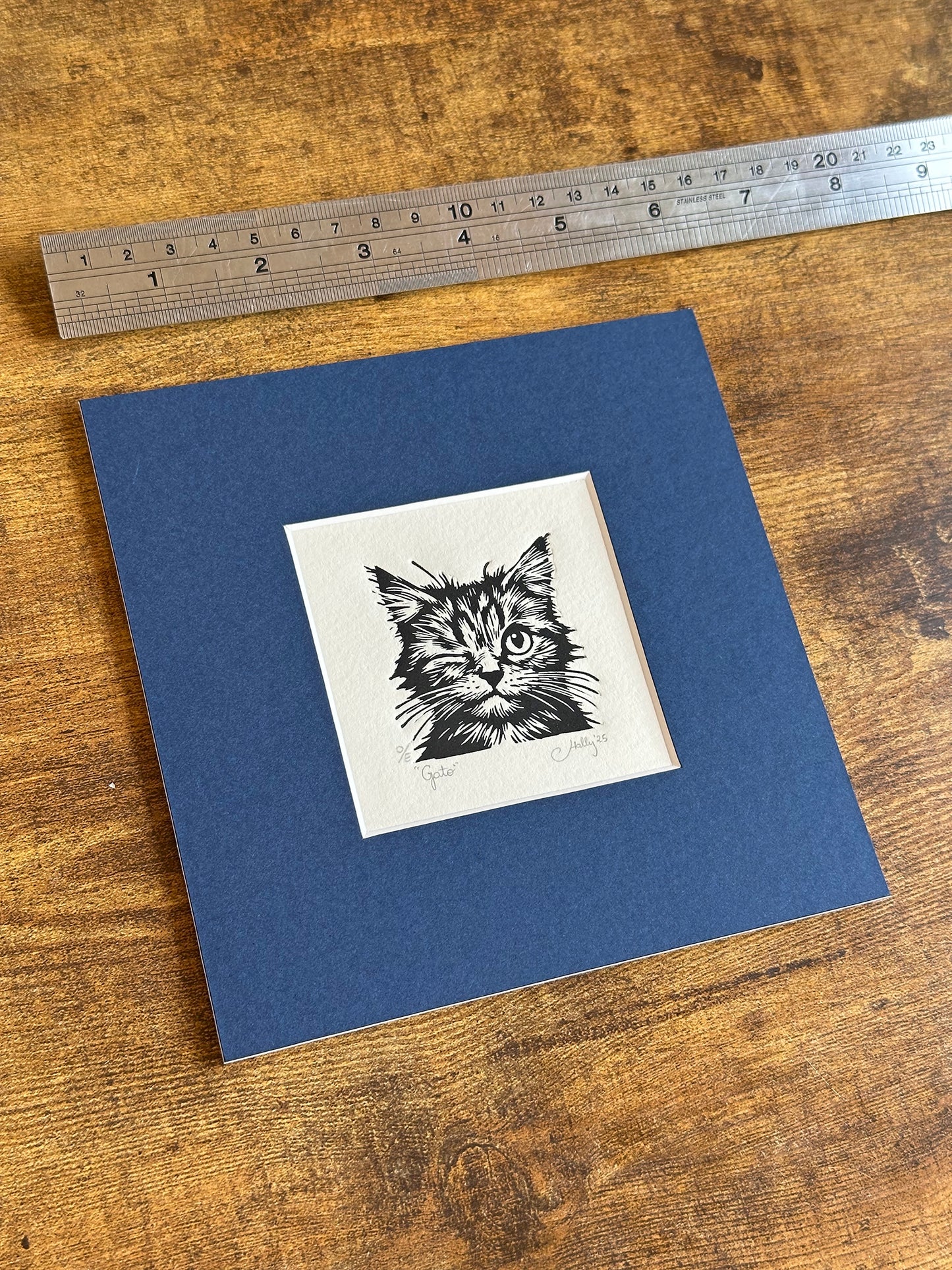 Gato (Mini Mounted Print) - Original Handmade Linocut Print of a Cat