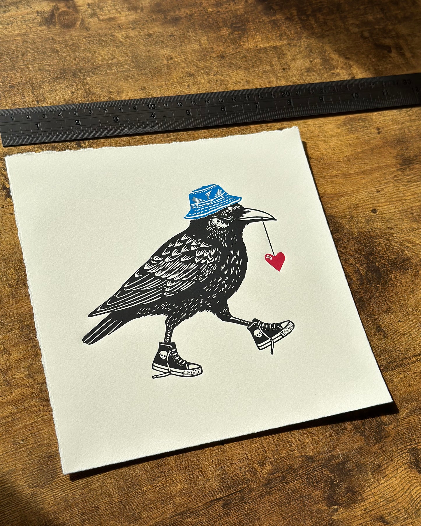 An Unflappable Heart - Original Handmade Linocut Print of a Crow