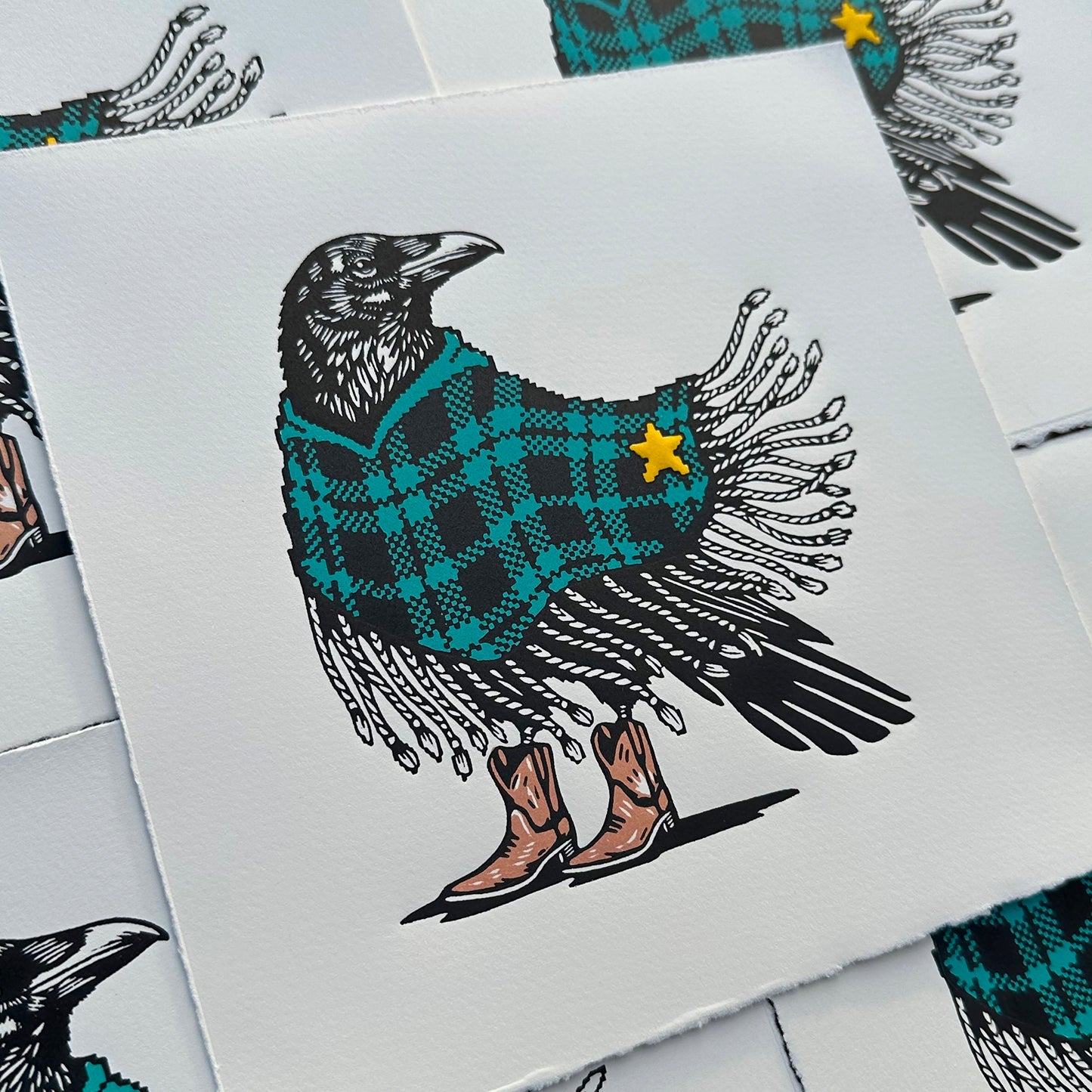 Boots & Badge - Original Handmade Linocut Print of a Crow in a Poncho