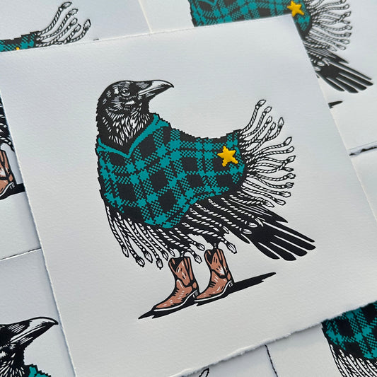 Boots & Badge - Original Handmade Linocut Print of a Crow in a Poncho