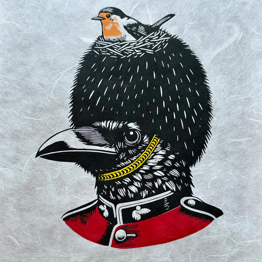 On Duty - Original Handmade Linocut Print of a Robin and a Raven