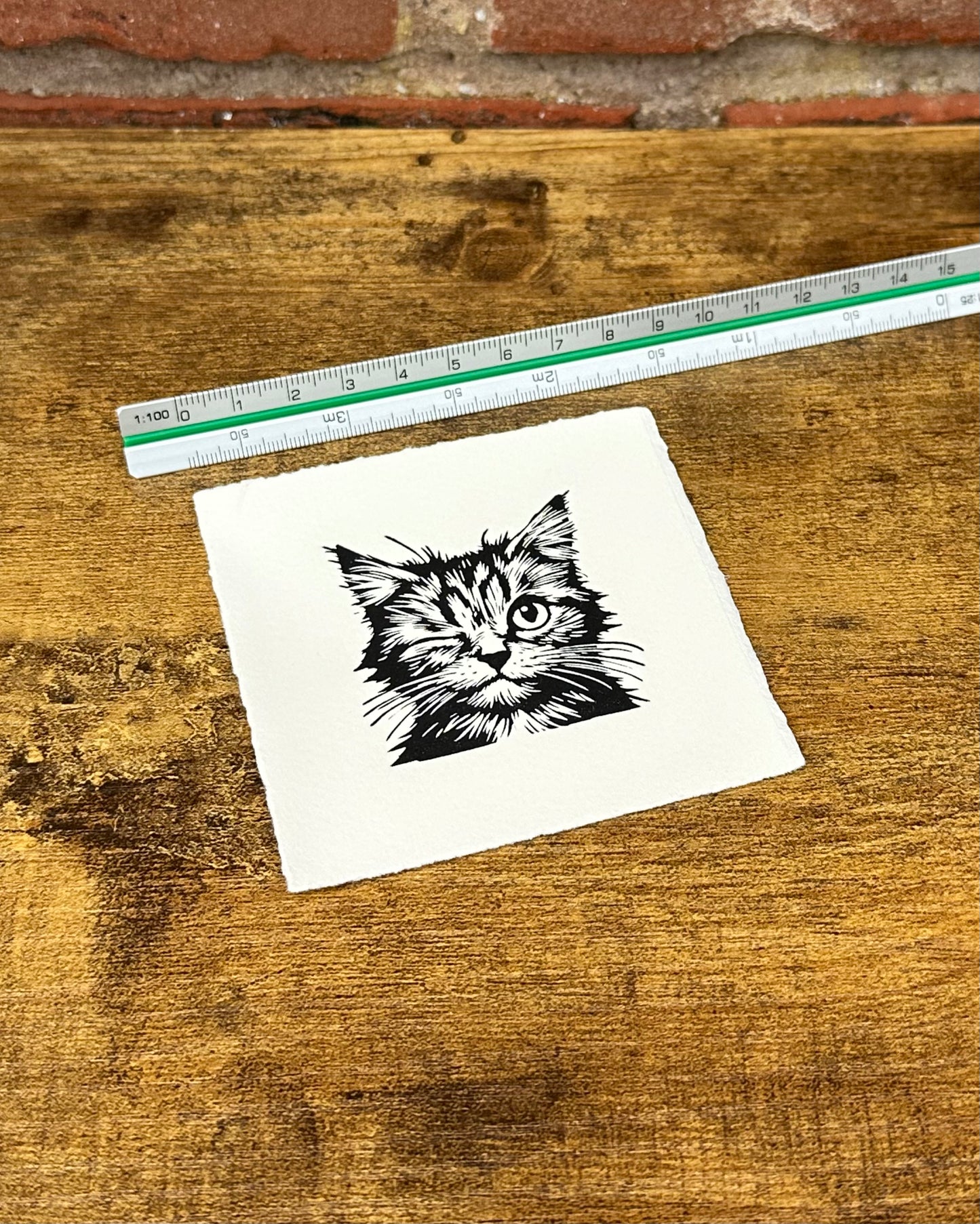 Cat linocut print with a ruler for scale on a wooden surface.