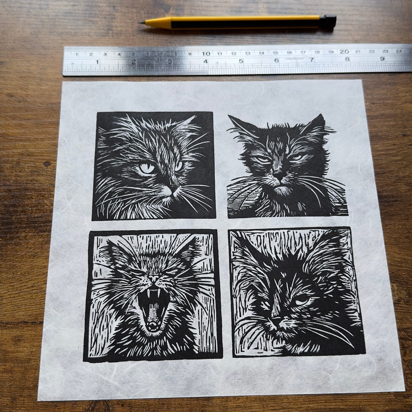 The Feline Four - Original Handmade Linocut Print of The Quartet of Cats