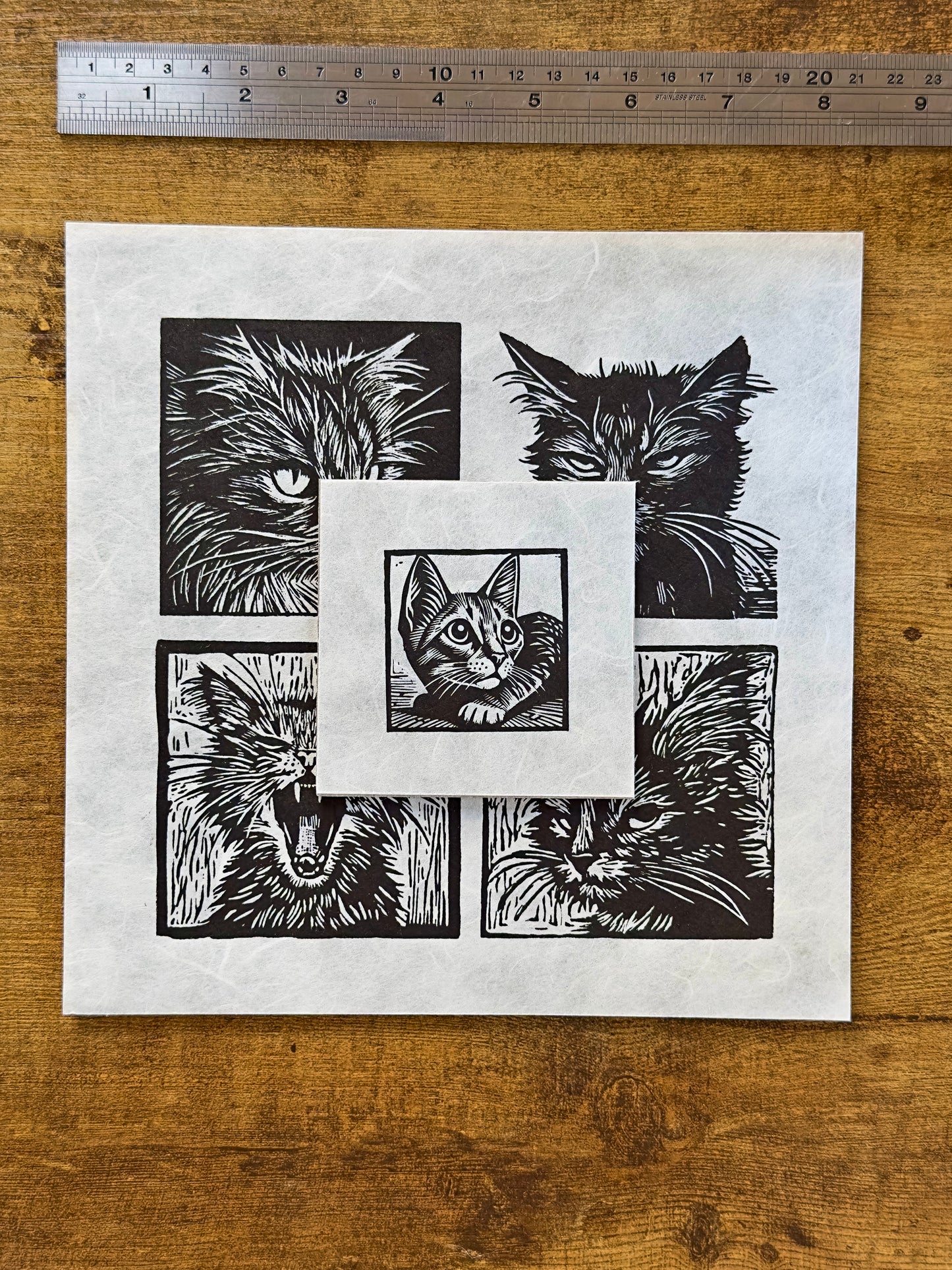 The Feline Four - Original Handmade Linocut Print of The Quartet of Cats