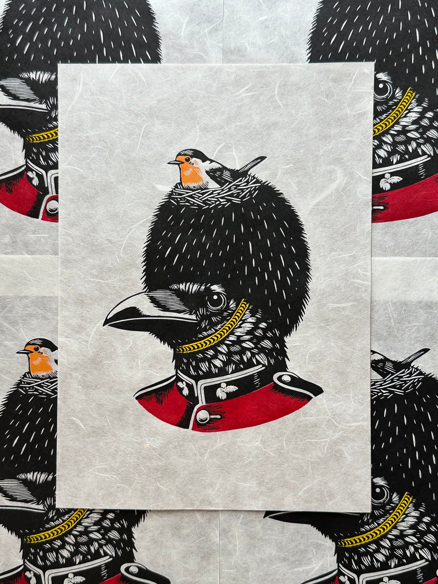 On Duty - Original Handmade Linocut Print of a Robin and a Raven