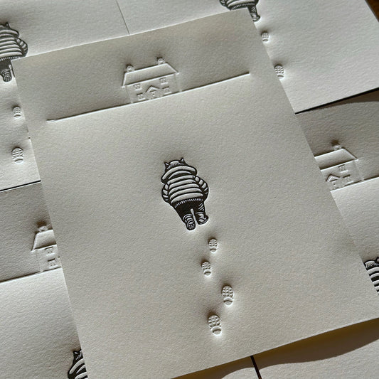 Traipsing Through the Snow - Original Handmade Linocut Print of a Cat