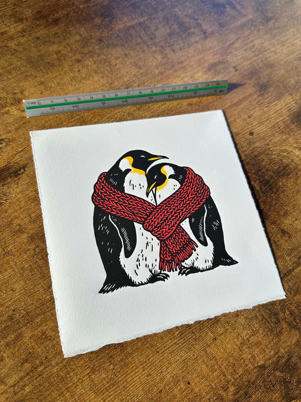 Close Knit - Original Handmade Linocut Print of Two Penguins