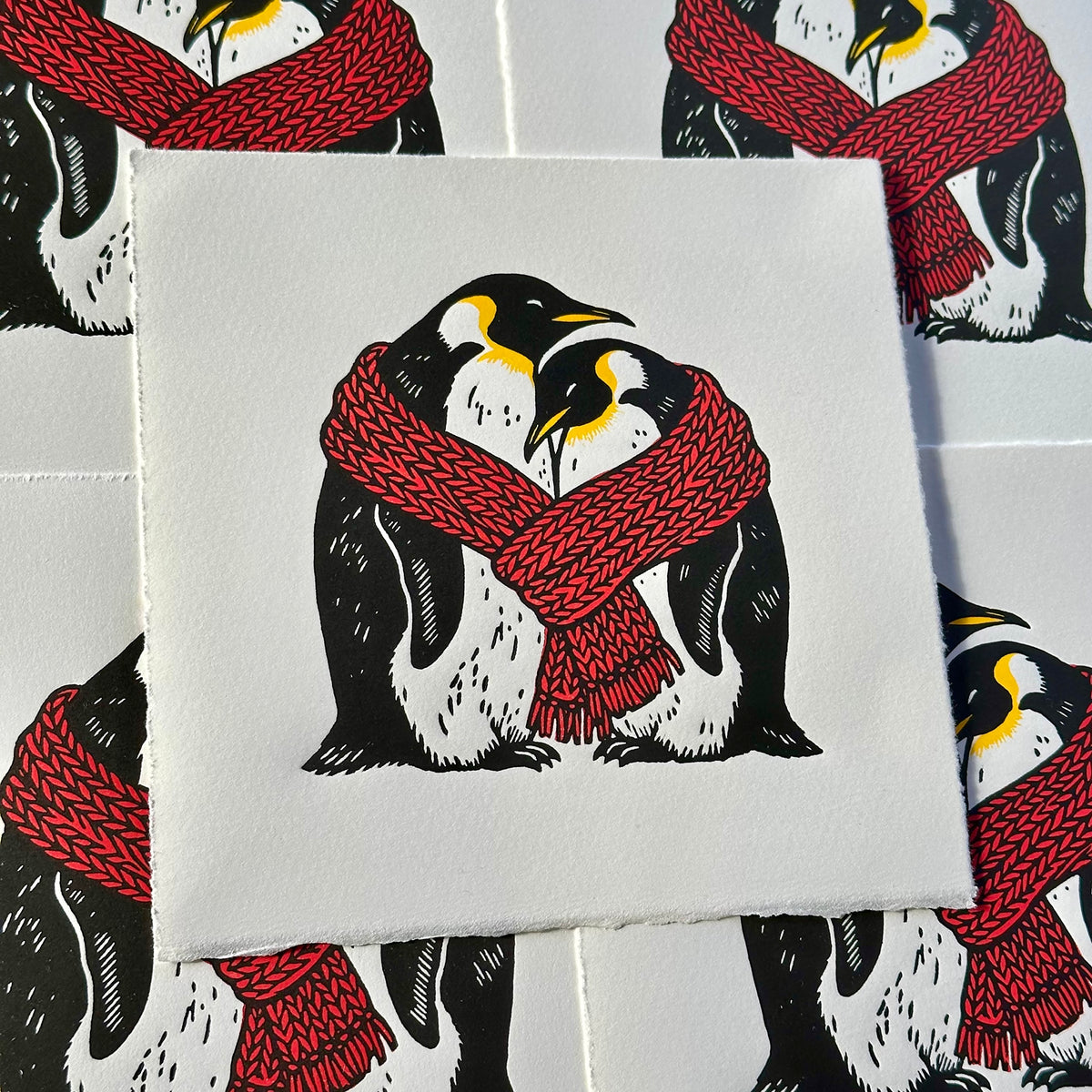 Close Knit - Original Handmade Linocut Print of Two Penguins