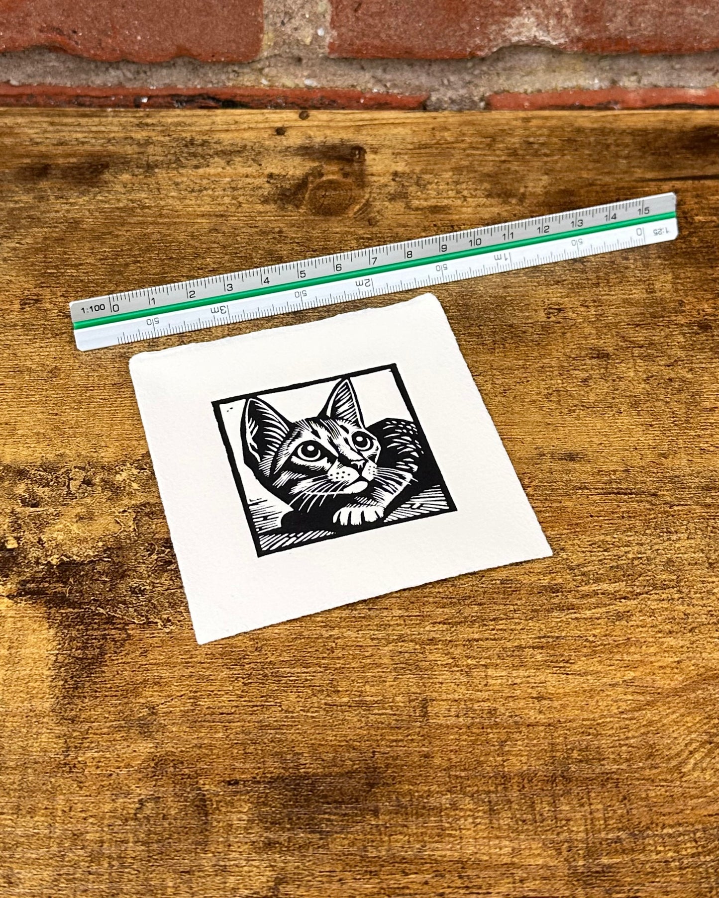 Linocut print of a cat with a ruler for scale on a wooden surface.