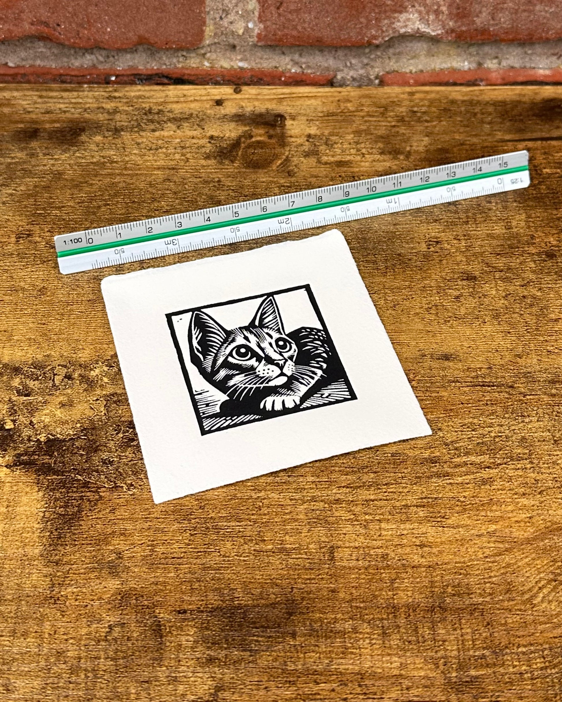 Linocut print of a cat with a ruler for scale on a wooden surface.