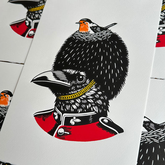 Linocut print of a raven in military uniform on a white background with a robin nested on its hat 
